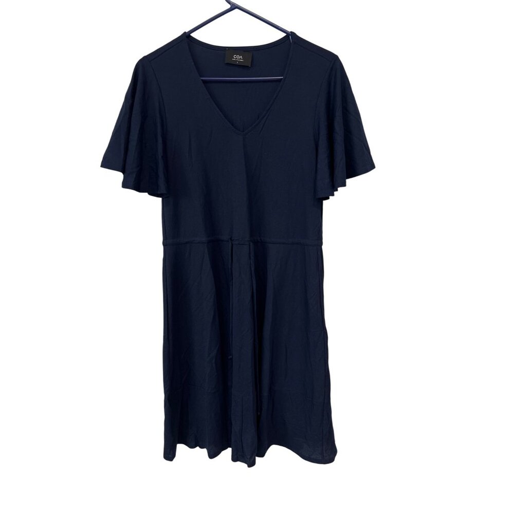 COA V Neck Flutter Sleeve Knee Length Dress Womens S Drawstring Waist Navy Blue